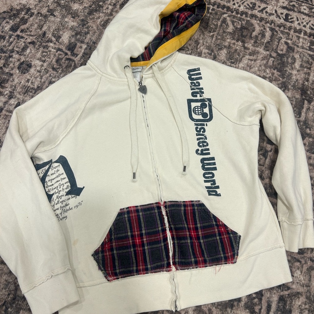 Disney Cream Hoodie with Plaid Accent